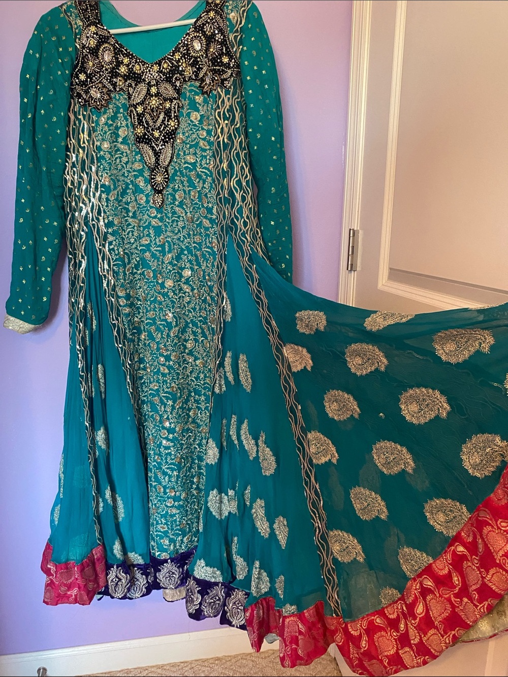 Embroidered Teal Anarkali Dress with Gold Accents (w/hot pink & purple), & saree